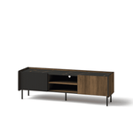 Short TV cabinet with ribbed black sides, open shelf, wood doors, black legs