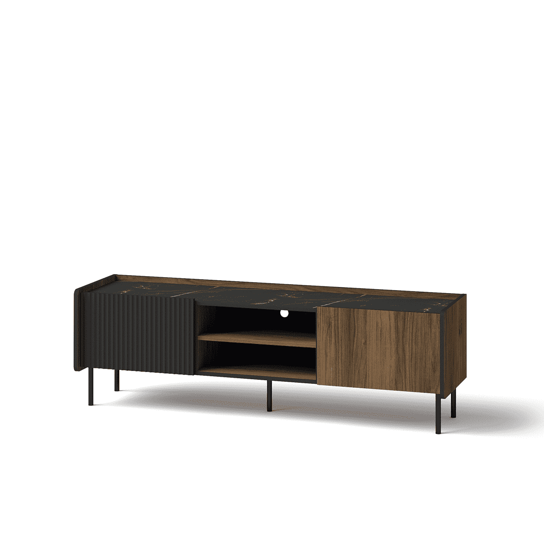 Short TV cabinet with ribbed black sides, open shelf, wood doors, black legs