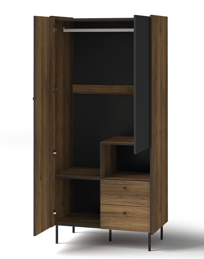 Double wardrobe with open doors, dark interior shelves, and wood drawer base