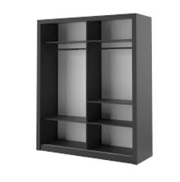 Sliding wardrobe frame with open shelving and compartments, shown against a white background.