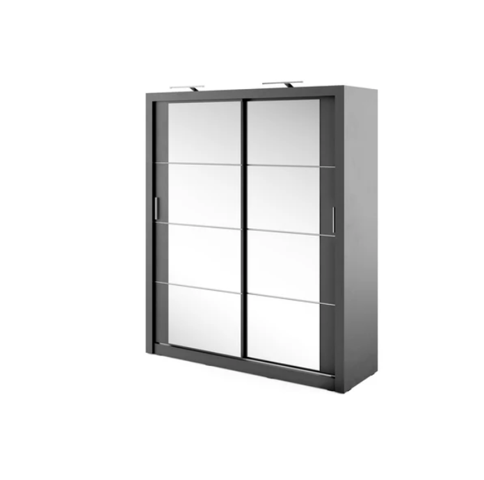 Sliding wardrobe with gray frame and frosted glass doors, front view.