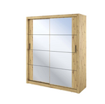 Light wood sliding wardrobe with frosted glass doors and horizontal divider lines.
