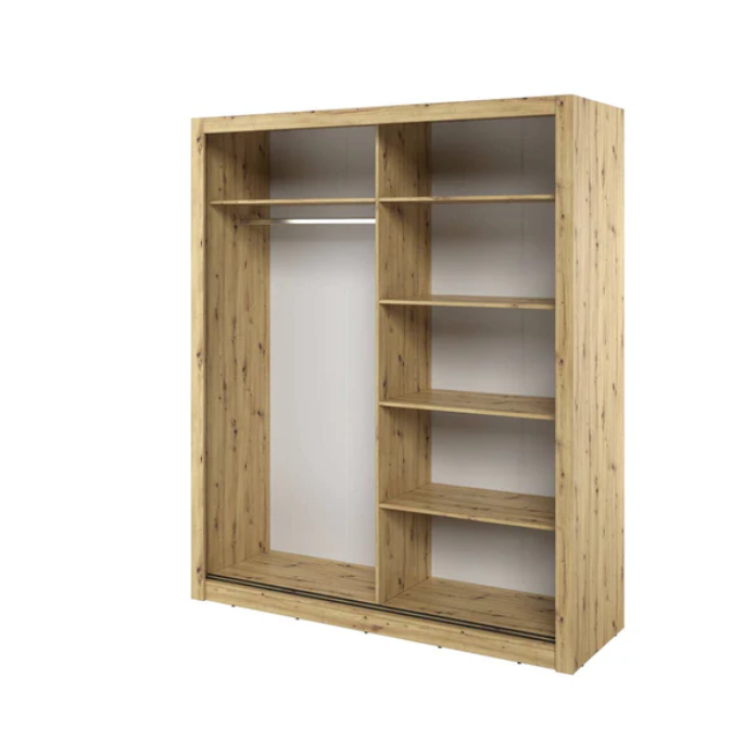 Light wood wardrobe interior with shelves, compartments, and a hanging area.