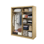 Light wood wardrobe interior with hanging clothes, shelves, and stacked storage drawers.