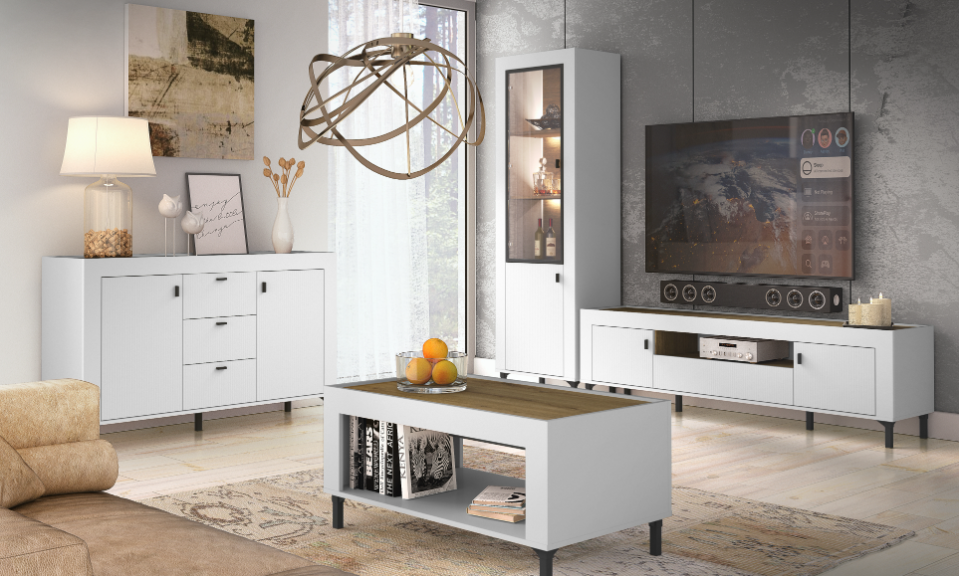 White coffee table with wood-look top and open shelf, centered in a living room