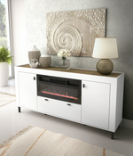 White sideboard with built-in electric fireplace, two side doors, and center drawer.