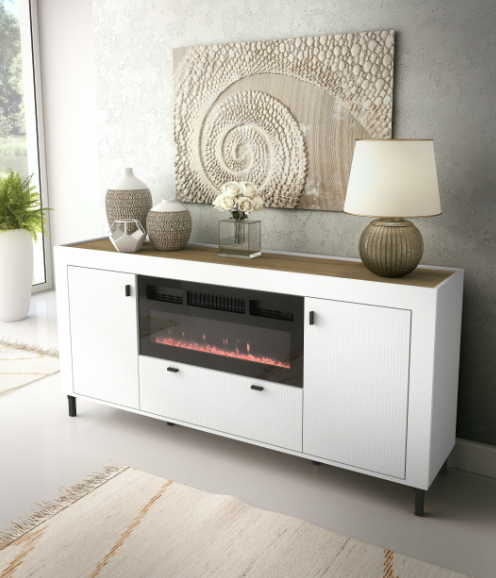 White sideboard with built-in electric fireplace, two side doors, and center drawer.