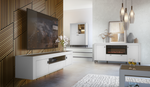 White TV cabinet with ribbed doors and drawers, wood-look top, in living room