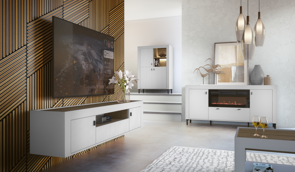 White TV cabinet with ribbed doors and drawers, wood-look top, in living room