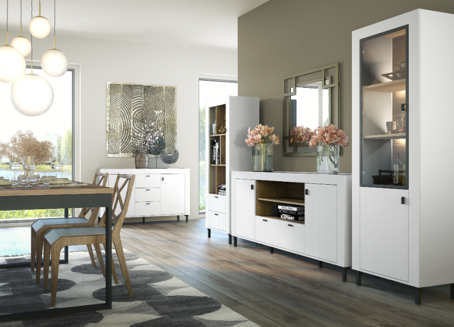 White sideboard with two doors and three drawers, bar handles, open interior storage