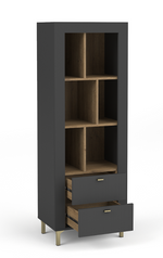 Black bookcase with open cubby shelves and two gray ribbed drawers, gold pulls.