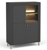 Black highboard cabinet with textured doors, brass handles, and open shelving