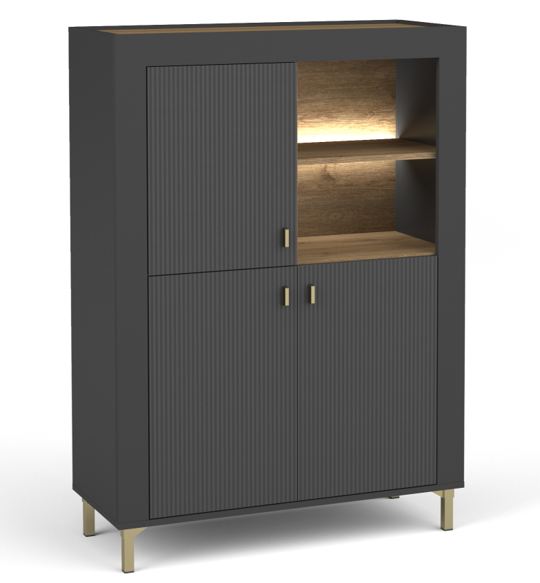 Black highboard cabinet with textured doors, brass handles, and open shelving