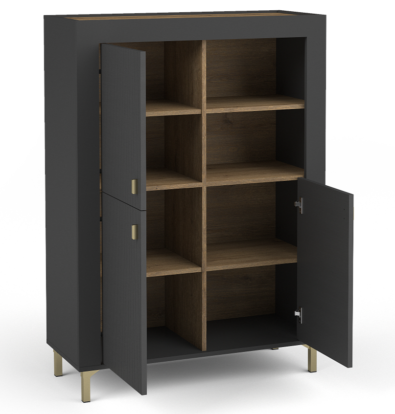 Black highboard cabinet with side and main doors open, showing wood-tone shelves
