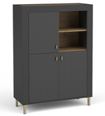 Black highboard cabinet with open top shelf section and textured double doors