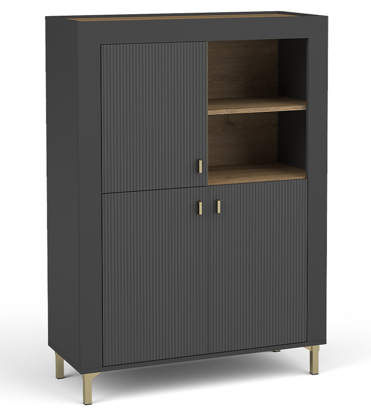 Black highboard cabinet with open top shelf section and textured double doors