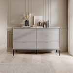 Ridge chest of drawers in white with vertical ribbed fronts and brass-tone bar handles.