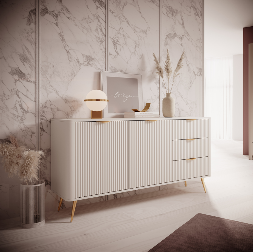 Cream ribbed sideboard with two drawers and gold bar handles, tapered legs