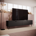 Black TV cabinet with ribbed drawer front and tapered raised feet