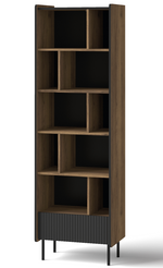 Dark wood bookcase with open cubbies and ribbed lower cabinet doors