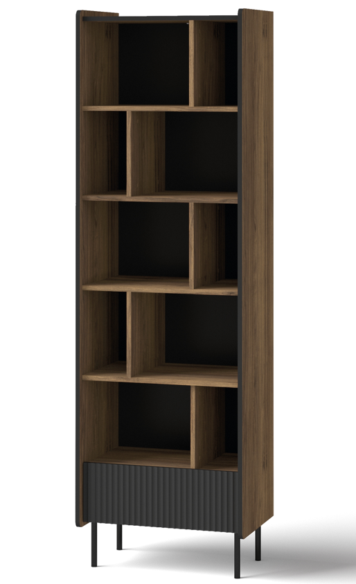 Dark wood bookcase with open cubbies and ribbed lower cabinet doors