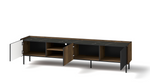 Long TV cabinet with flip-down style door panels, open media shelves, dark frame