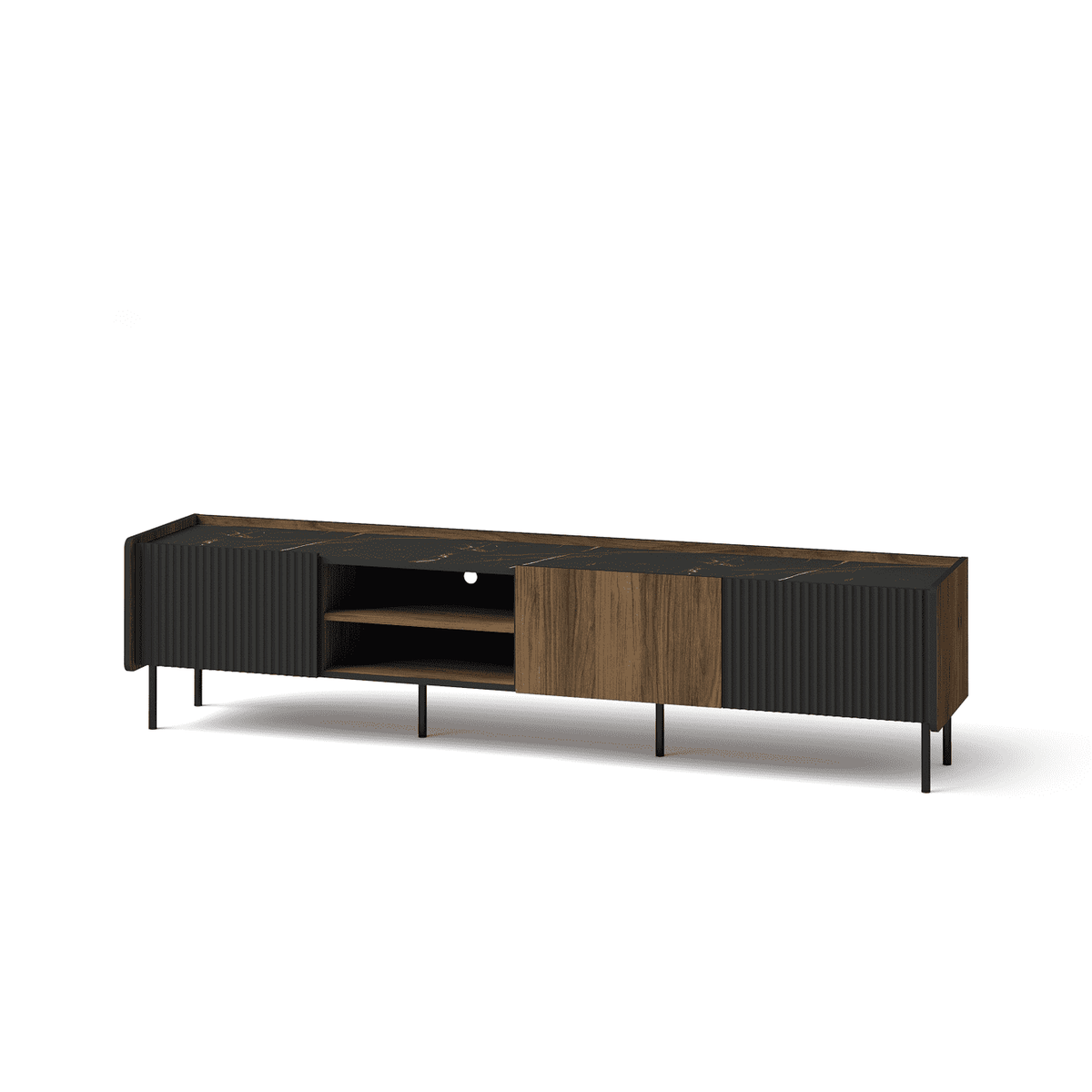 Long TV cabinet with open center compartment and black ribbed side cabinets on legs