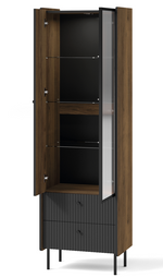 Tall display cabinet with open glass door, dark interior shelves and wood frame.