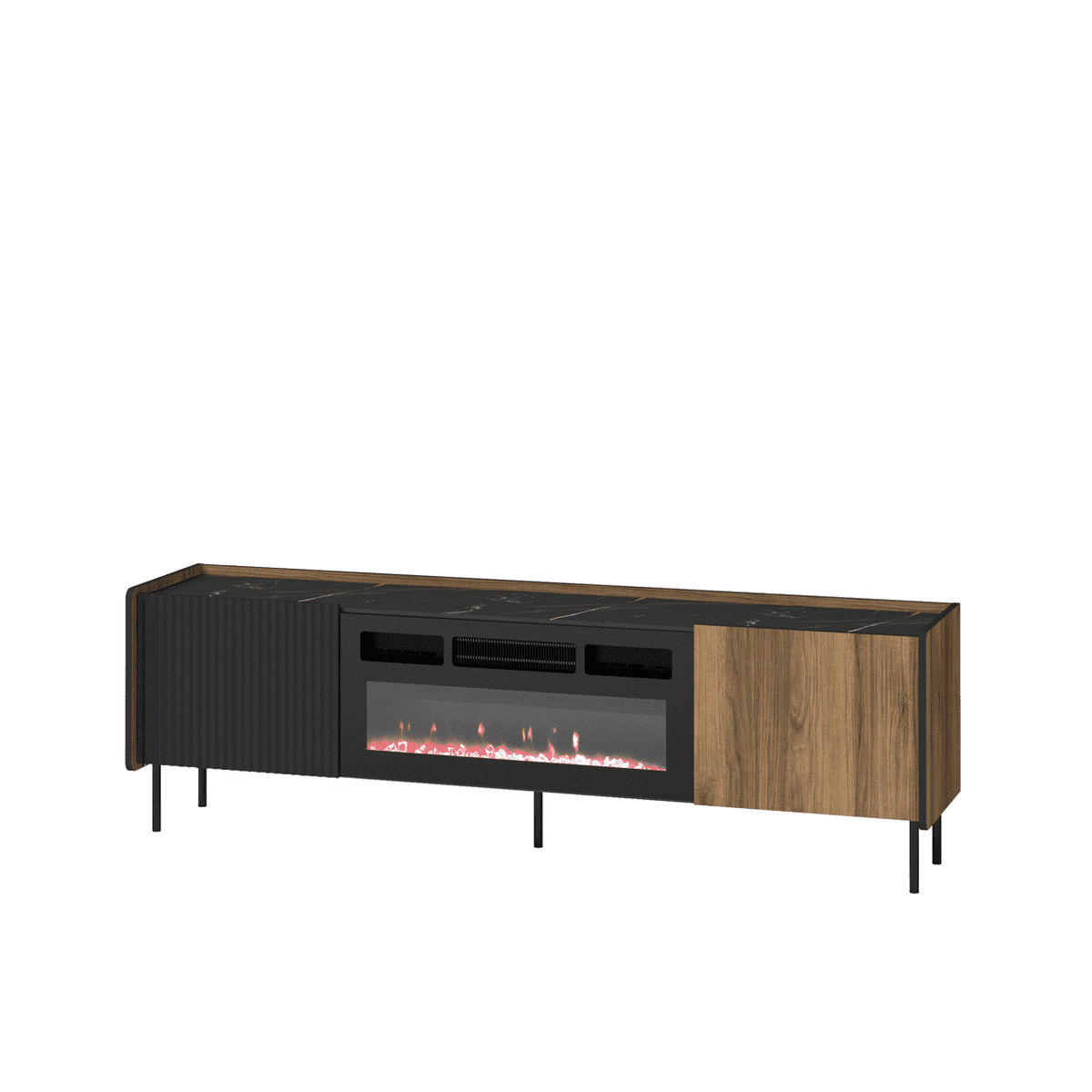 Low media console with built-in fireplace insert, black ribbed front and wood right panel