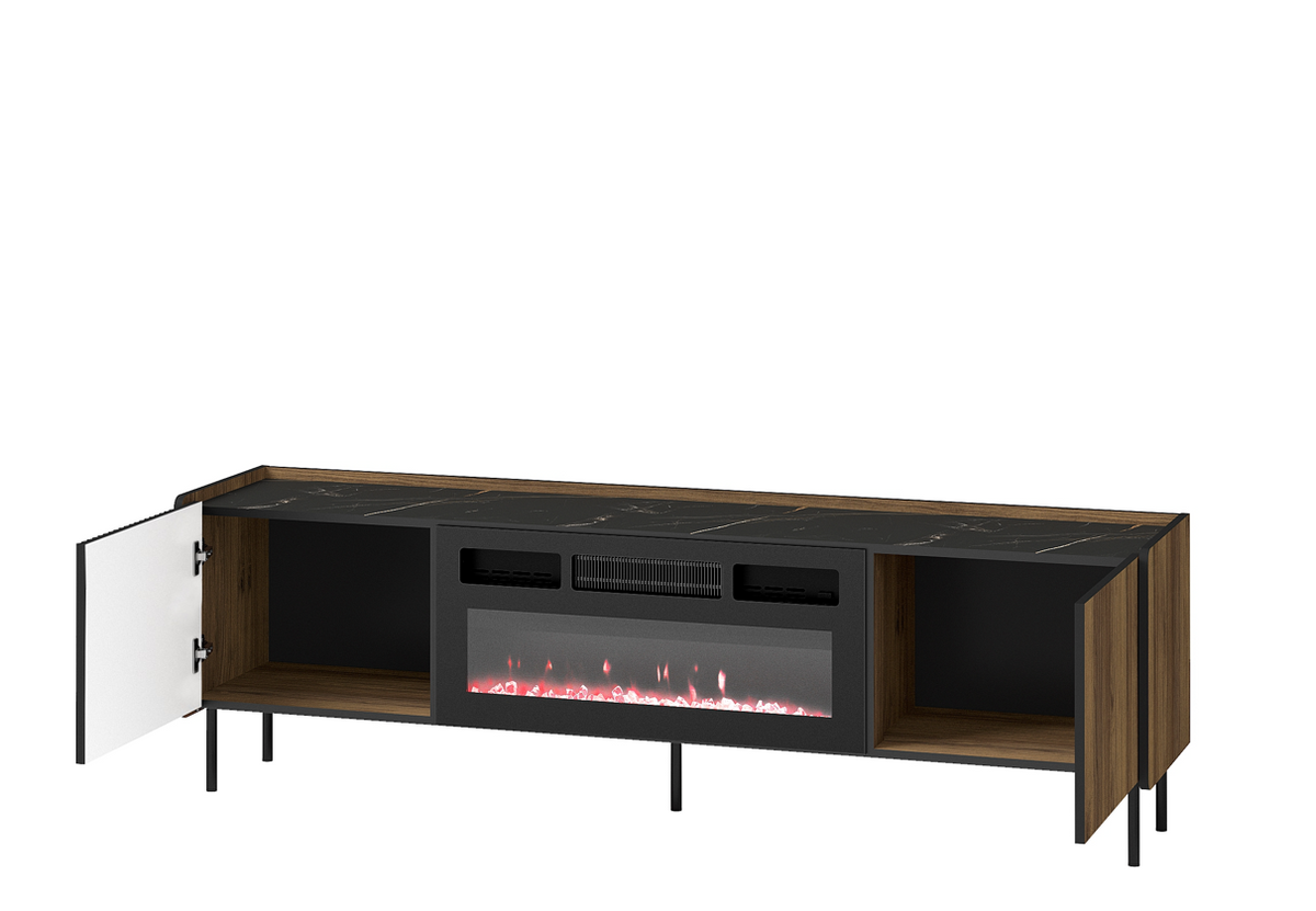 TV console with open left compartment, built-in fireplace insert and black wood cabinet