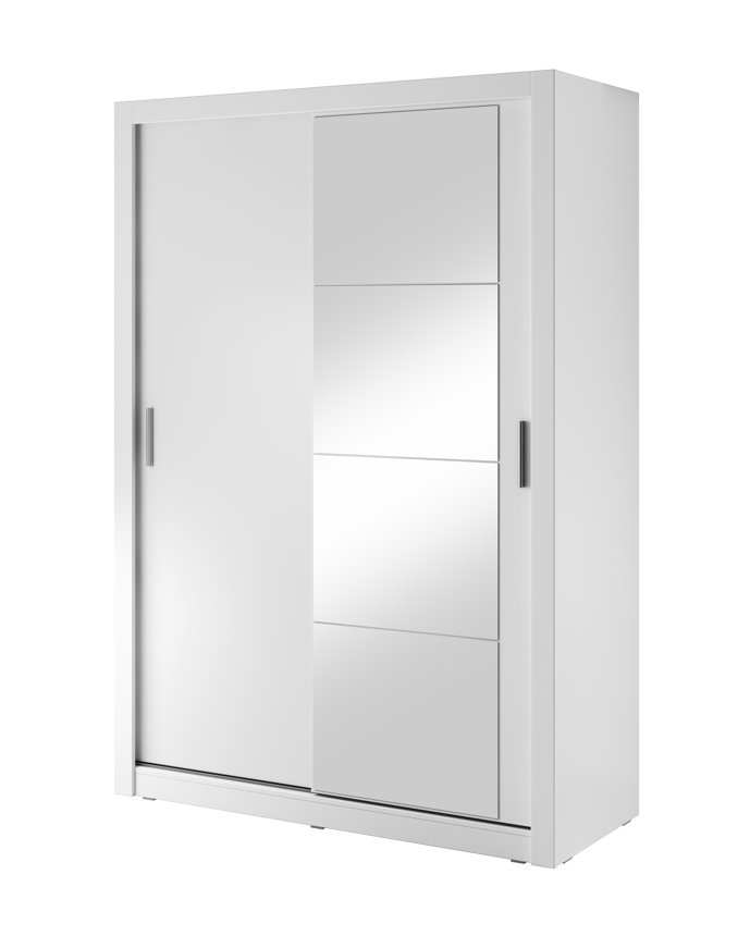 White sliding door wardrobe with two sliding doors and vertical metal handles
