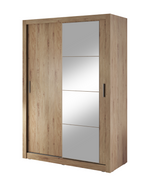 Oak sliding door wardrobe with grey panel doors and vertical metal handles