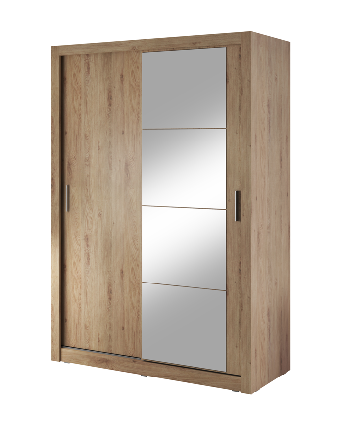 Oak sliding door wardrobe with grey panel doors and vertical metal handles