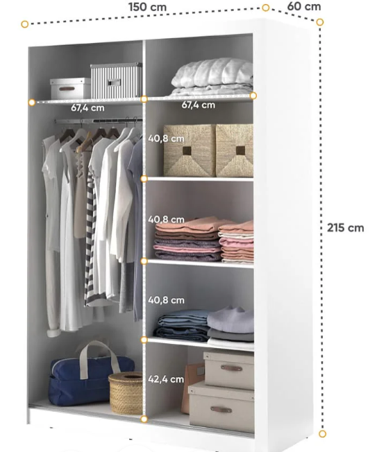 Sliding door wardrobe interior with hanging rail, shelves, and folded clothes
