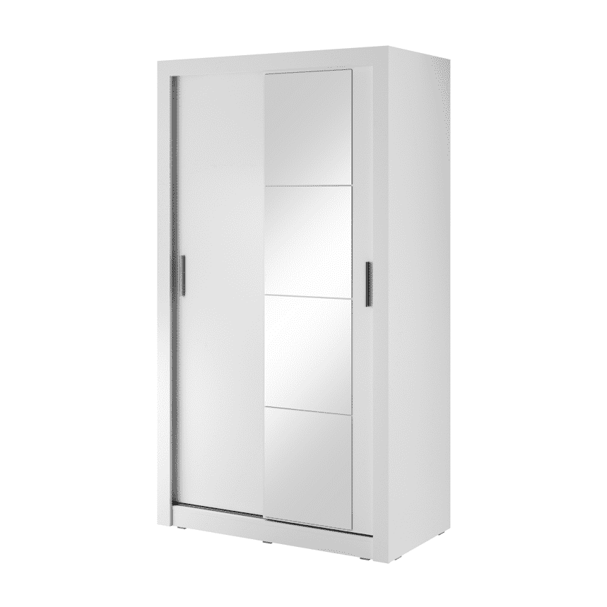 White sliding door wardrobe with two metal handles and frosted panel doors