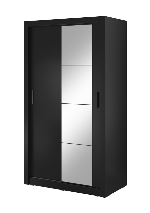 Black sliding door wardrobe with two metal handles and frosted panel doors