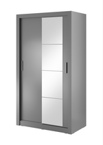 Grey sliding door wardrobe with two metal handles and frosted panel doors
