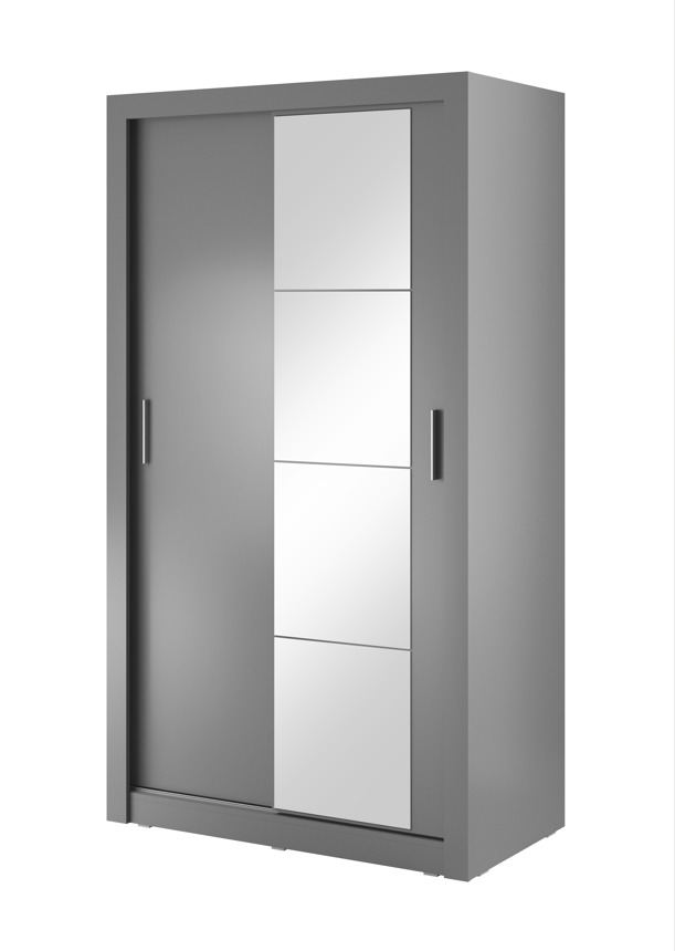 Grey sliding door wardrobe with two metal handles and frosted panel doors