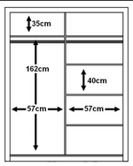 Wardrobe size diagram showing 162cm height and compartment widths in cm