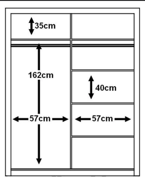 Wardrobe size diagram showing 162cm height and compartment widths in cm