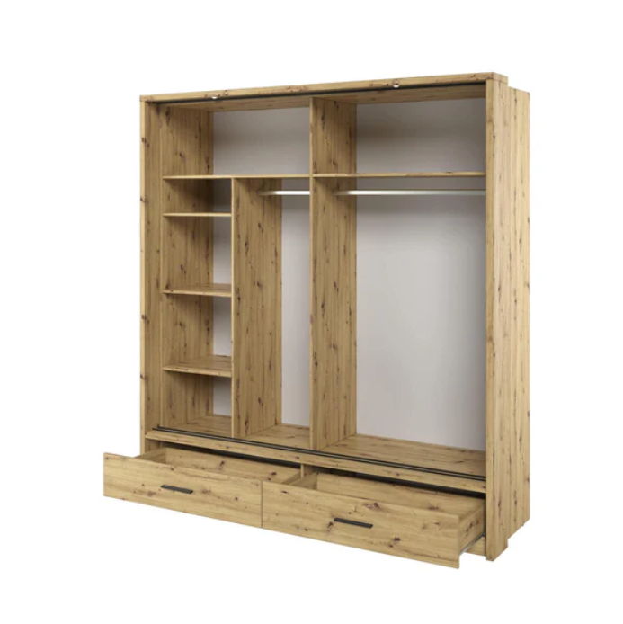 Light wood sliding wardrobe frame with open interior shelves and base drawers