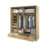 Light wood sliding wardrobe with open doors, hanging shirts, shelves and drawers