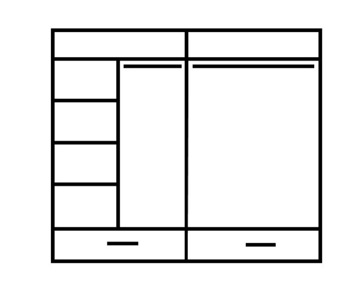 Front layout of sliding wardrobe with drawers and cabinet compartments