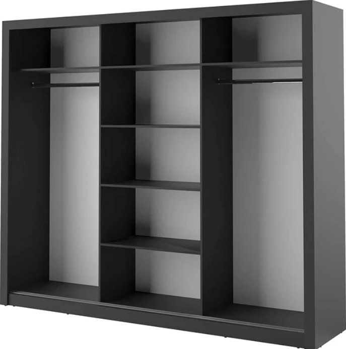 Dark gray wardrobe interior with shelves, hanging compartments, and two side door panels.