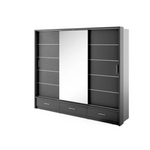 Dark gray sliding wardrobe with large center panel and slim drawer row at bottom.