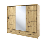 Wood-look sliding wardrobe with center mirrored door and drawer base.