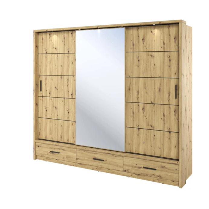 Wood-look sliding wardrobe with center mirrored door and drawer base.