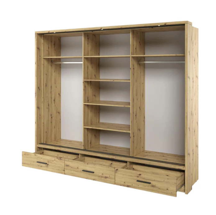 Wood-look wardrobe with open center shelving and two side cabinet sections.