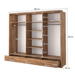 Wardrobe dimensions graphic for a wood-look sliding unit, showing height and width.