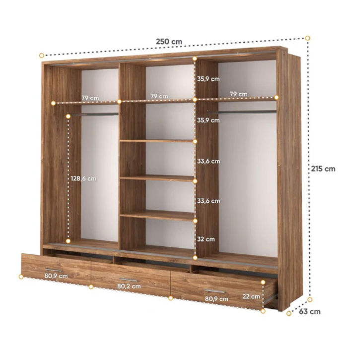Wardrobe dimensions graphic for a wood-look sliding unit, showing height and width.